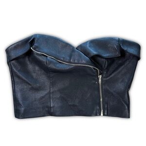 Guess Black Strapless Leather Bustier Jacket with Asymmetric Zip